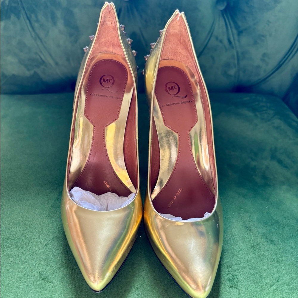 Alexander McQueen (Mc Q) Gold Heels with spikes.